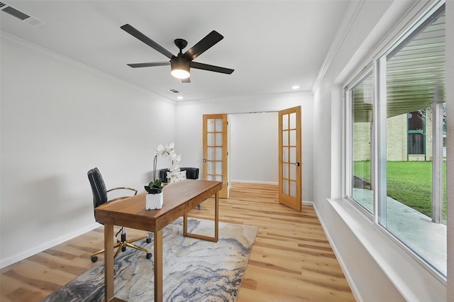 9813 Bancroft Dr, Benbrook, TX 76126 - office space featuring french doors, ornamental molding, light wood-style floors, recessed lighting, and baseboards