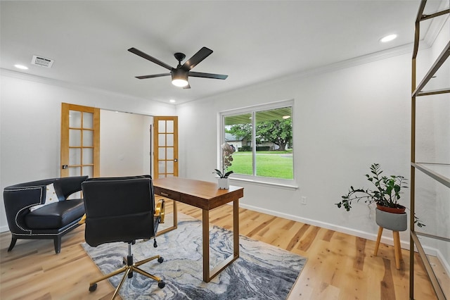 9813 Bancroft Dr, Benbrook, TX 76126 - office featuring ornamental molding, french doors, wood finished floors, ceiling fan, and baseboards