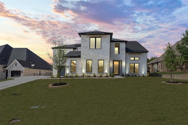1209 Hicks Trl, Lucas, TX 75002 - modern home featuring stone siding, a front lawn, and concrete driveway
