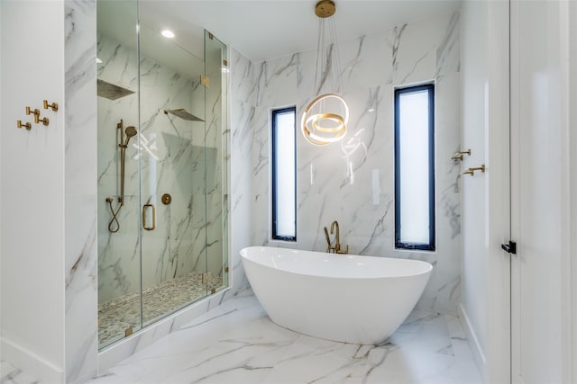 1209 Hicks Trl, Lucas, TX 75002 - full bathroom featuring a marble finish shower, a freestanding bath, marble tiled floors, and stone wall