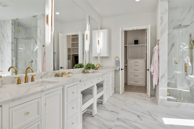 1209 Hicks Trl, Lucas, TX 75002 - full bathroom featuring a marble finish shower, double vanity, a walk in closet, recessed lighting, and marble finish floors