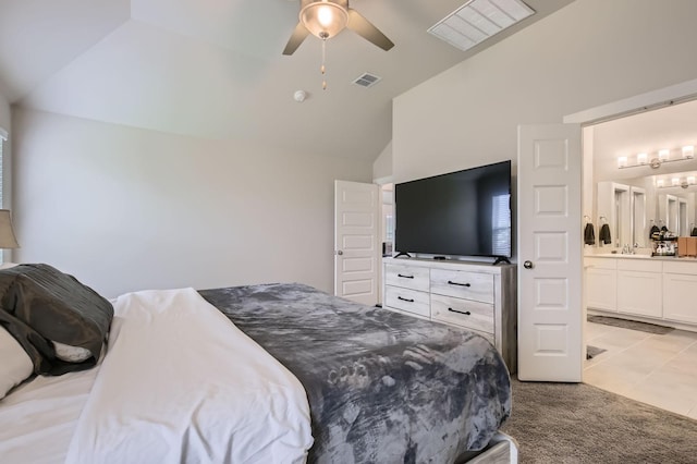 1211 Caddo Hill Ct, Royse City, TX 75189 - bedroom featuring light carpet, connected bathroom, a ceiling fan, high vaulted ceiling, and light tile patterned floors