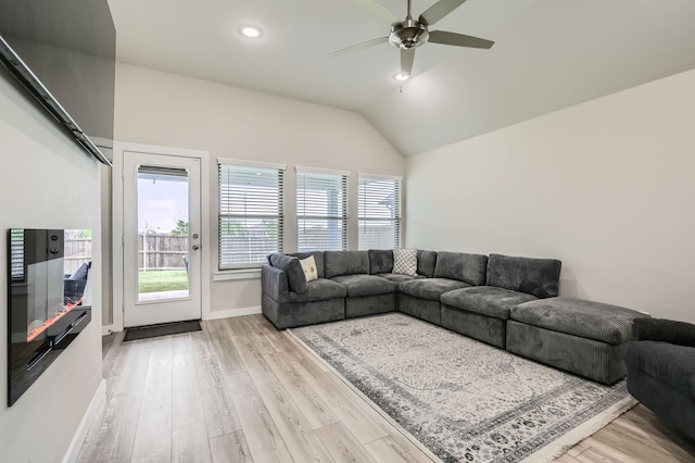 1211 Caddo Hill Ct, Royse City, TX 75189 - living area with ceiling fan, lofted ceiling, light wood-style flooring, baseboards, and recessed lighting