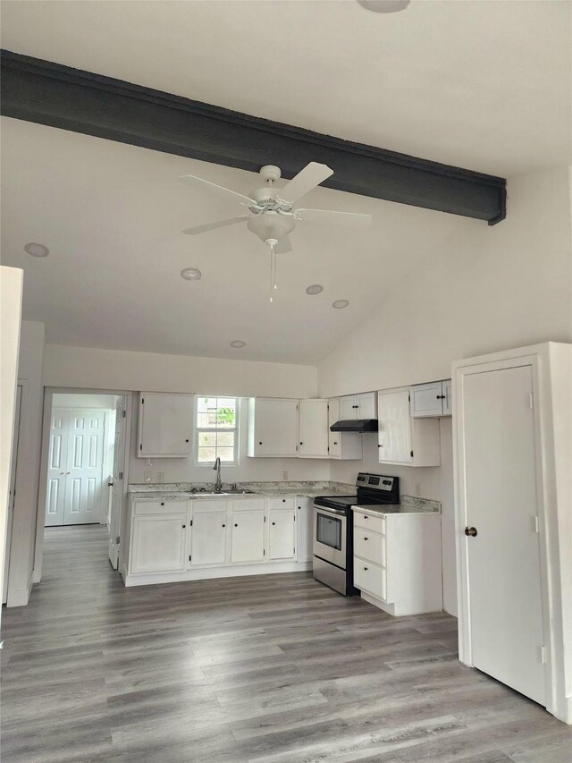 1178 Nob Hill Rd, Quinlan, TX 75474 - kitchen featuring electric stove, a sink, white cabinets, ceiling fan, and beamed ceiling