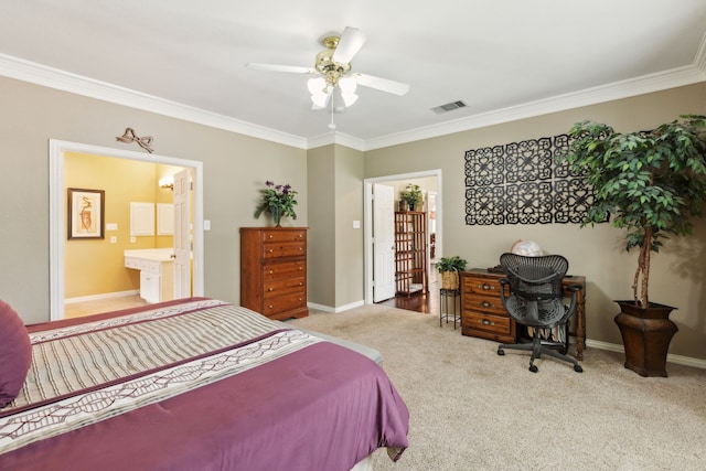 6308 Widgeon Dr, Plano, TX 75024 - carpeted bedroom with ornamental molding, baseboards, ensuite bath, and a ceiling fan