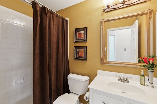 6308 Widgeon Dr, Plano, TX 75024 - full bath with toilet, vanity, shower / bathtub combination with curtain, and a textured wall