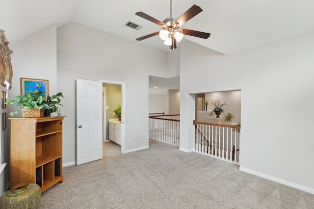6308 Widgeon Dr, Plano, TX 75024 - carpeted spare room with high vaulted ceiling, ceiling fan, and baseboards
