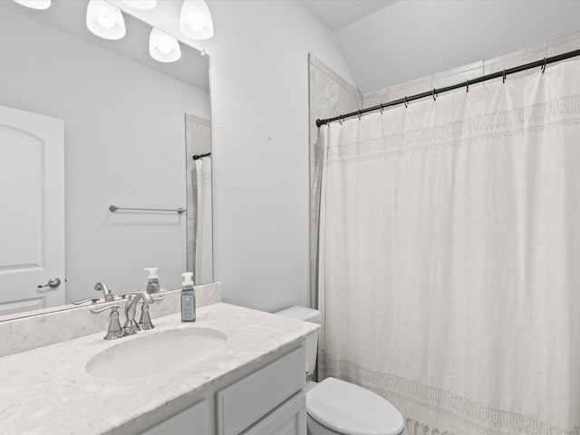 2508 Bunker Hill Dr, Burleson, TX 76028 - bathroom with vanity, toilet, lofted ceiling, and curtained shower