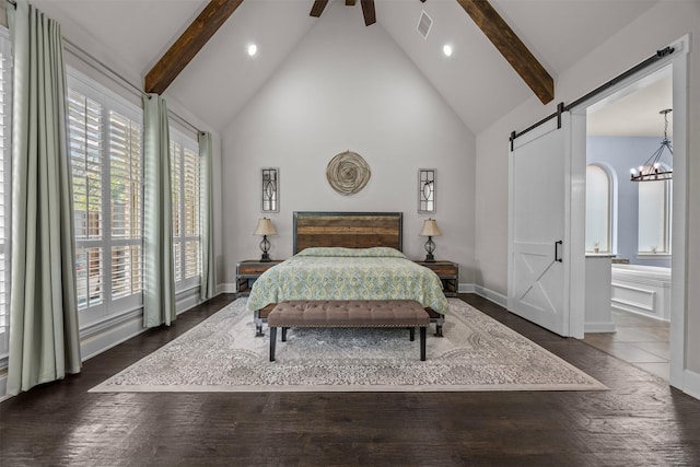 8249 Treemont Pl, Frisco, TX 75034 - bedroom with a barn door, beamed ceiling, high vaulted ceiling, dark wood finished floors, and recessed lighting