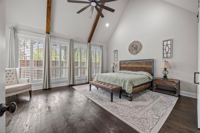 8249 Treemont Pl, Frisco, TX 75034 - bedroom featuring high vaulted ceiling, beamed ceiling, wood finished floors, baseboards, and a ceiling fan