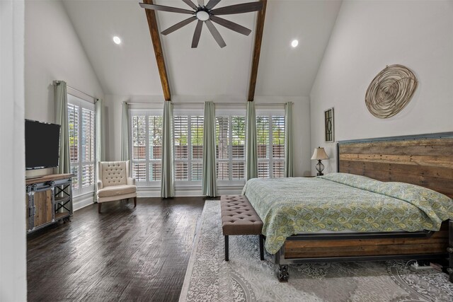 8249 Treemont Pl, Frisco, TX 75034 - bedroom featuring wood finished floors, multiple windows, beamed ceiling, recessed lighting, and high vaulted ceiling