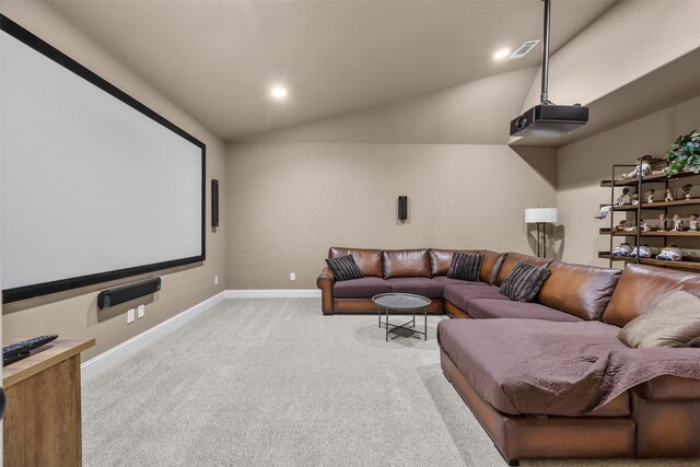 8249 Treemont Pl, Frisco, TX 75034 - carpeted cinema featuring baseboards, vaulted ceiling, and recessed lighting