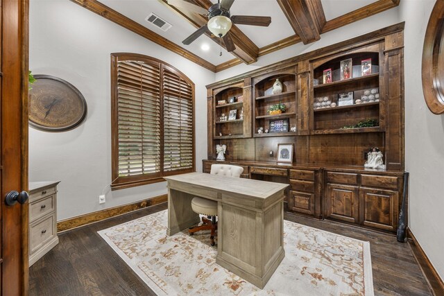 8249 Treemont Pl, Frisco, TX 75034 - office space with a ceiling fan, baseboards, dark wood-style flooring, crown molding, and beamed ceiling