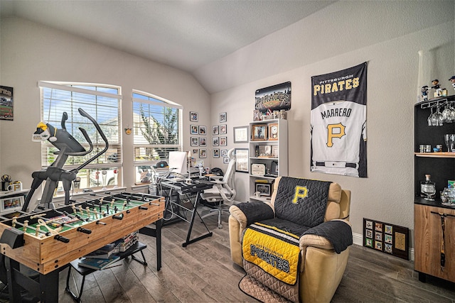 117 Welch Folly Ln, Aledo, TX 76008 - game room with vaulted ceiling, wood finished floors, and an office area