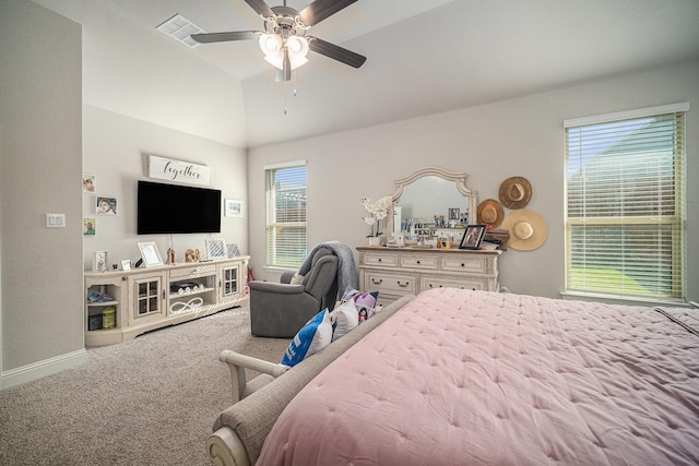 117 Welch Folly Ln, Aledo, TX 76008 - bedroom featuring carpet floors, multiple windows, ceiling fan, and lofted ceiling