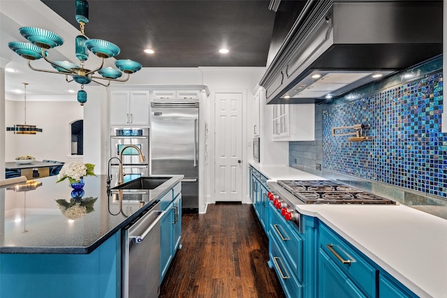 7905 Strathmill Dr, The Colony, TX 75056 - kitchen featuring blue cabinetry, premium range hood, appliances with stainless steel finishes, crown molding, and a sink