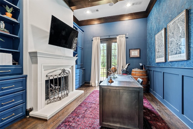 7905 Strathmill Dr, The Colony, TX 75056 - office space with crown molding, dark wood-style floors, a fireplace with raised hearth, and wainscoting