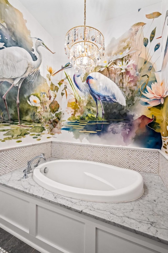 7905 Strathmill Dr, The Colony, TX 75056 - bathroom featuring a garden tub, tile patterned floors, and a chandelier