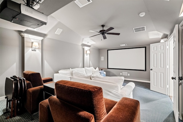 7905 Strathmill Dr, The Colony, TX 75056 - home theater with dark carpet, lofted ceiling, baseboards, and ceiling fan