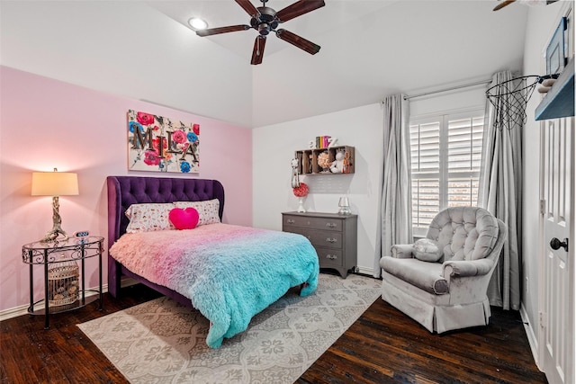 7905 Strathmill Dr, The Colony, TX 75056 - bedroom featuring wood-type flooring, baseboards, lofted ceiling, and a ceiling fan