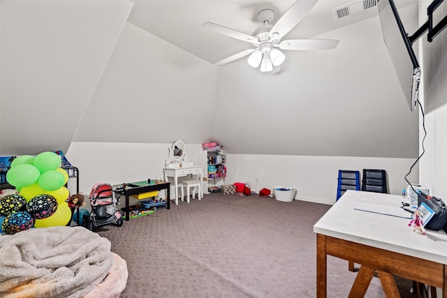 7905 Strathmill Dr, The Colony, TX 75056 - recreation room featuring lofted ceiling, carpet floors, and ceiling fan