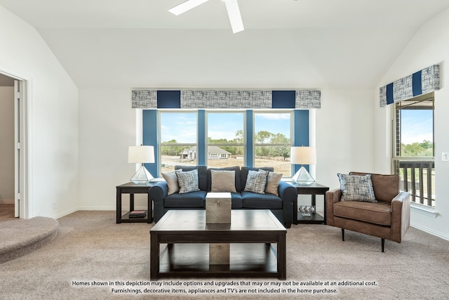 3418 Abingdon Dr, Melissa, TX 75454 - carpeted living room with vaulted ceiling, ceiling fan, healthy amount of natural light, and baseboards