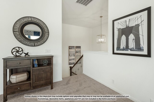3418 Abingdon Dr, Melissa, TX 75454 - corridor featuring an upstairs landing, carpet floors, a chandelier, and baseboards