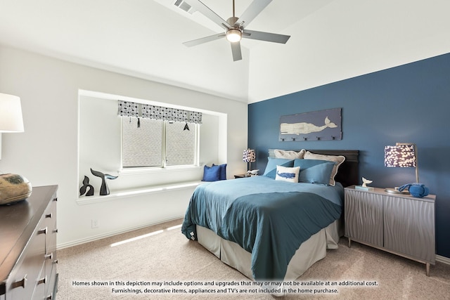 3418 Abingdon Dr, Melissa, TX 75454 - carpeted bedroom with baseboards, high vaulted ceiling, and a ceiling fan