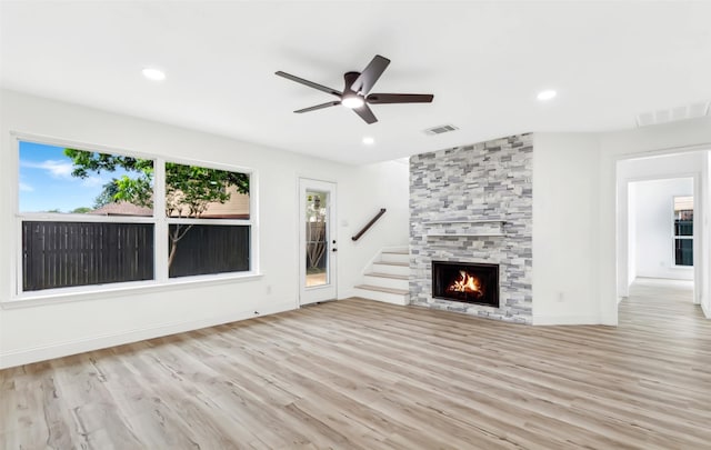 783 Eiffel Dr, Plano, TX 75023 - unfurnished living room with ceiling fan, wood finished floors, recessed lighting, baseboards, and a fireplace
