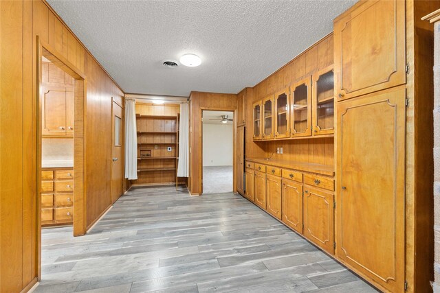 201 Palestine St, Coleman, TX 76834 - hall with light wood finished floors, a textured ceiling, and wood walls