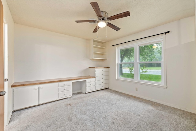 201 Palestine St, Coleman, TX 76834 - unfurnished office with built in study area, light colored carpet, ceiling fan, baseboards, and a textured ceiling