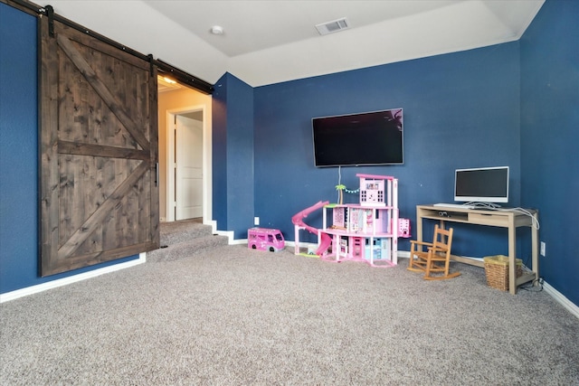 3302 Blue Jay Ln, Melissa, TX 75454 - game room with carpet floors, a barn door, and baseboards