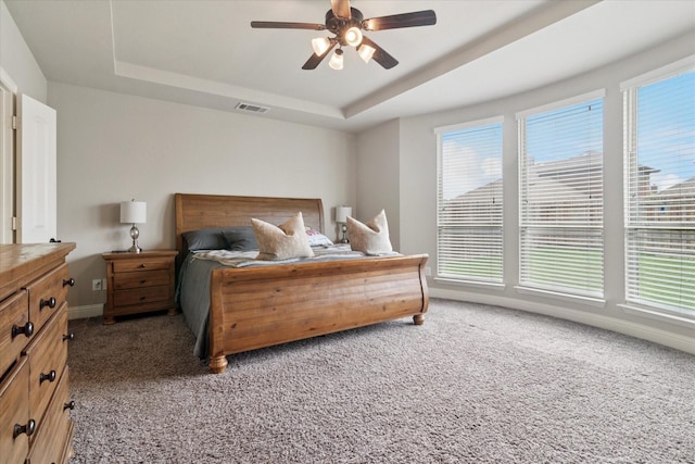 3302 Blue Jay Ln, Melissa, TX 75454 - carpeted bedroom featuring a tray ceiling, multiple windows, baseboards, and a ceiling fan