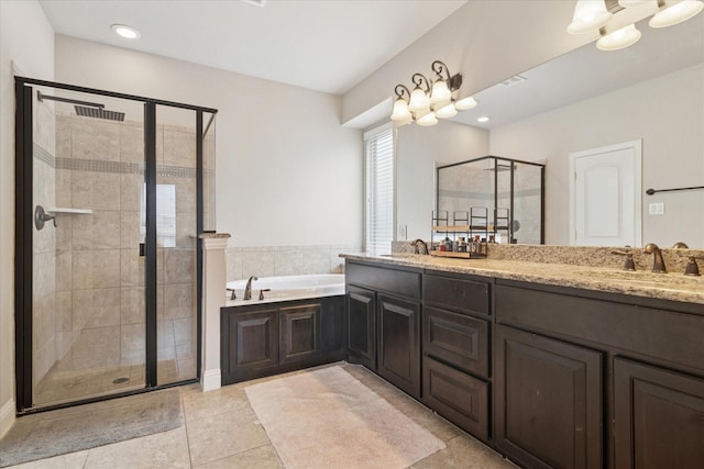 3302 Blue Jay Ln, Melissa, TX 75454 - bathroom featuring a stall shower, a garden tub, double vanity, and tile patterned flooring