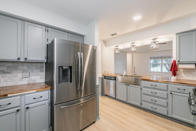 1503 County Road 705, Joshua, TX 76058 - kitchen featuring stainless steel appliances, gray cabinets, butcher block countertops, a sink, and backsplash