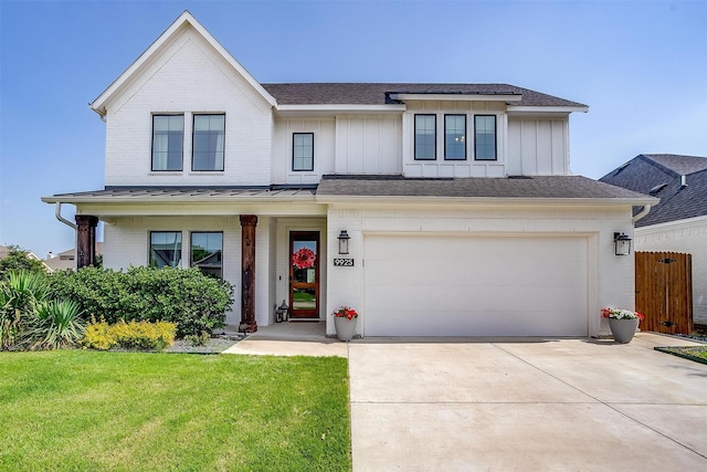9925 Chaparral Pass, Fort Worth, TX 76126 - view of front facade featuring brick siding, concrete driveway, a garage, board and batten siding, and a shingled roof