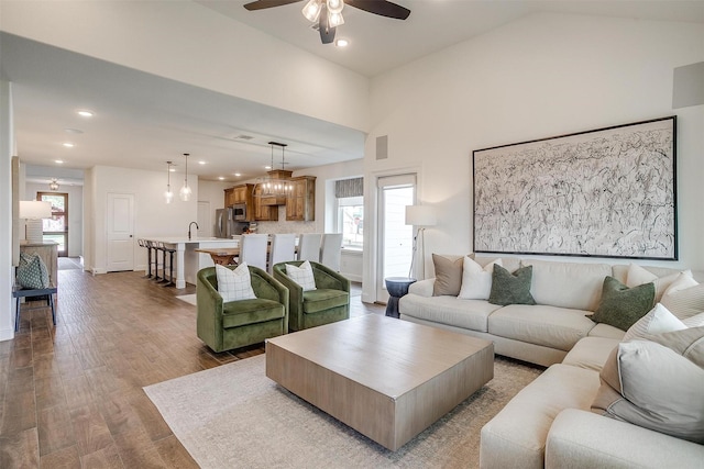9925 Chaparral Pass, Fort Worth, TX 76126 - living room featuring a ceiling fan, plenty of natural light, dark wood-style floors, recessed lighting, and baseboards