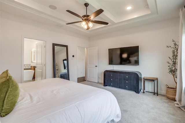 9925 Chaparral Pass, Fort Worth, TX 76126 - carpeted bedroom with ensuite bathroom, recessed lighting, a ceiling fan, baseboards, and beam ceiling