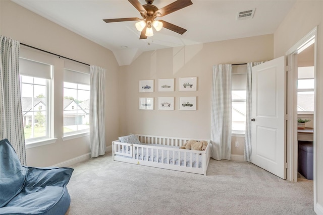 9925 Chaparral Pass, Fort Worth, TX 76126 - bedroom featuring carpet flooring, baseboards, a nursery area, vaulted ceiling, and a ceiling fan
