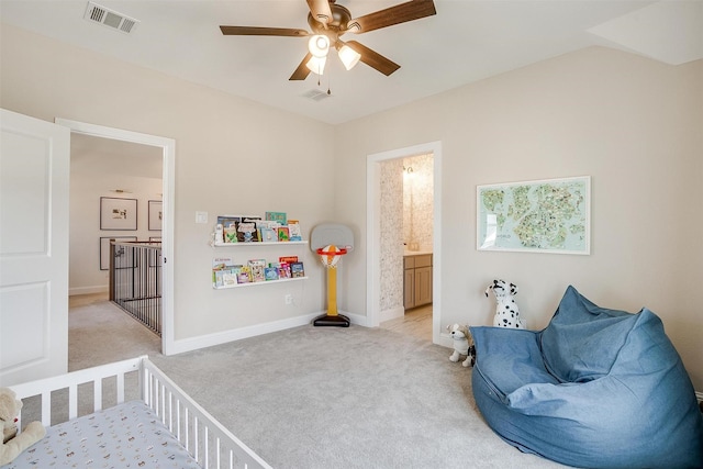 9925 Chaparral Pass, Fort Worth, TX 76126 - bedroom featuring light colored carpet, baseboards, ceiling fan, and connected bathroom