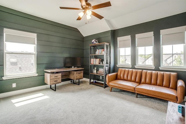 9925 Chaparral Pass, Fort Worth, TX 76126 - sitting room featuring healthy amount of natural light, vaulted ceiling, a ceiling fan, carpet flooring, and an office area