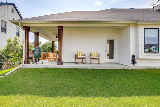 9925 Chaparral Pass, Fort Worth, TX 76126 - back of house with a yard, a shingled roof, and a patio area