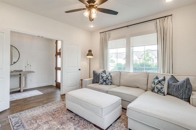 9925 Chaparral Pass, Fort Worth, TX 76126 - living room featuring wood finished floors, ceiling fan, recessed lighting, and baseboards