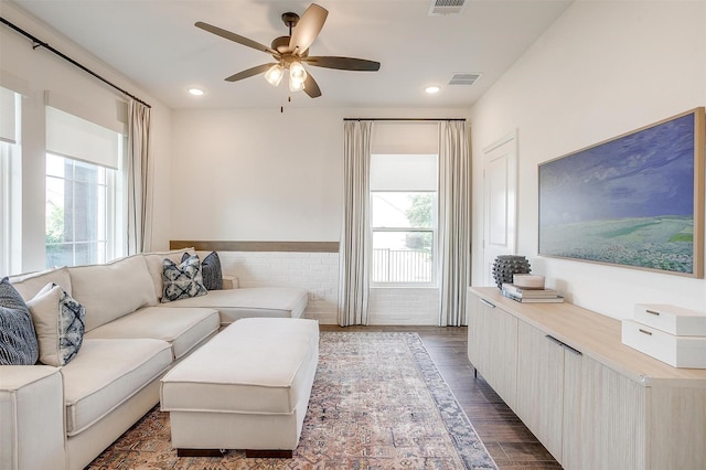 9925 Chaparral Pass, Fort Worth, TX 76126 - living area with healthy amount of natural light, ceiling fan, wood finished floors, and recessed lighting
