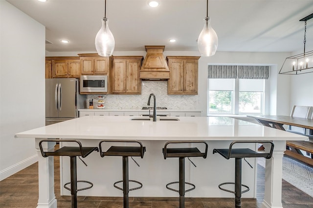 9925 Chaparral Pass, Fort Worth, TX 76126 - kitchen featuring stainless steel appliances, custom exhaust hood, backsplash, light countertops, and hanging light fixtures