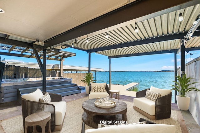 523 Contour Dr, Granite Shoals, TX 78654 - view of patio / terrace with a water view, an outdoor hangout area, and a hot tub