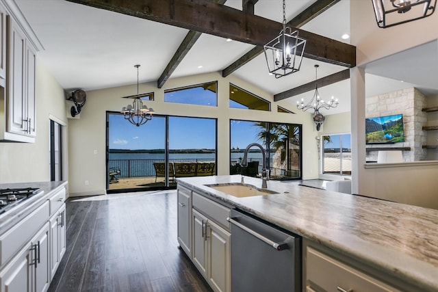 523 Contour Dr, Granite Shoals, TX 78654 - kitchen featuring a chandelier, stainless steel appliances, a sink, dark wood-style flooring, and recessed lighting
