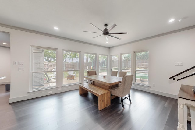2003 Quincy Ct, Arlington, TX 76013 - dining space with ceiling fan, dark wood-style floors, recessed lighting, and ornamental molding