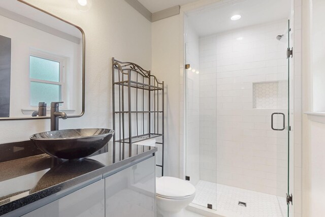 2003 Quincy Ct, Arlington, TX 76013 - full bathroom with a stall shower, toilet, vanity, and recessed lighting