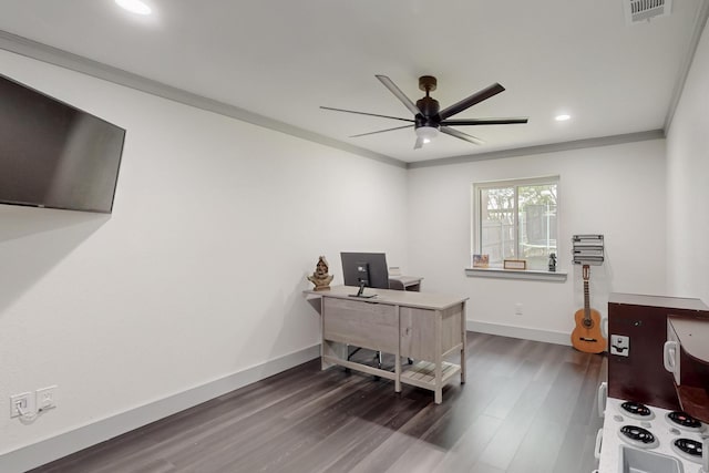 2003 Quincy Ct, Arlington, TX 76013 - office space with dark wood-type flooring, a ceiling fan, baseboards, ornamental molding, and recessed lighting